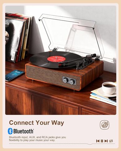 Vinyl Record Player Turntable Bluetooth with Built-in Upgraded Stereo Speakers, 3-Speed Belt-Drive LP Player & Turntable with Adjustable Counterweight, RCA Out/AUX-in, Natural Wood in Kuwait