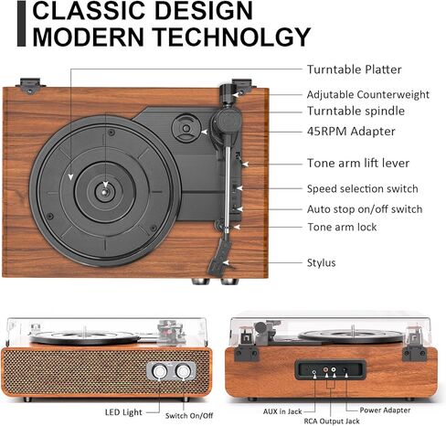 Vinyl Record Player Turntable Bluetooth with Built-in Upgraded Stereo Speakers, 3-Speed Belt-Drive LP Player & Turntable with Adjustable Counterweight, RCA Out/AUX-in, Natural Wood in Kuwait