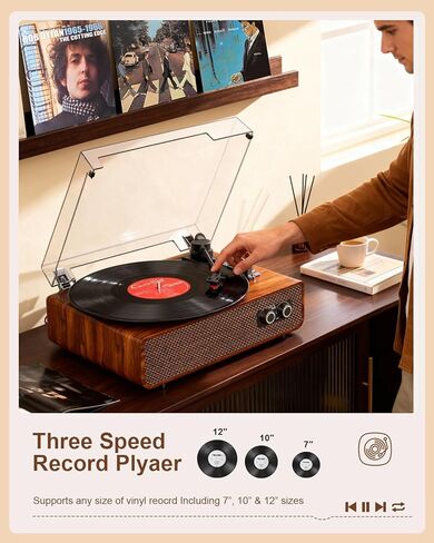 Vinyl Record Player Turntable Bluetooth with Built-in Upgraded Stereo Speakers, 3-Speed Belt-Drive LP Player & Turntable with Adjustable Counterweight, RCA Out/AUX-in, Natural Wood in Kuwait