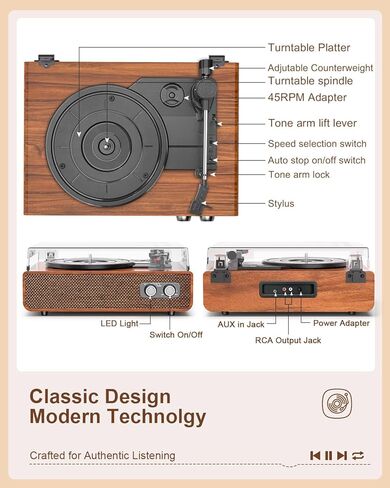 Vinyl Record Player Turntable Bluetooth with Built-in Upgraded Stereo Speakers, 3-Speed Belt-Drive LP Player & Turntable with Adjustable Counterweight, RCA Out/AUX-in, Natural Wood in Kuwait