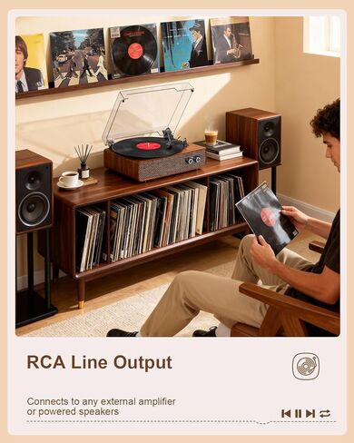 Vinyl Record Player Turntable Bluetooth with Built-in Upgraded Stereo Speakers, 3-Speed Belt-Drive LP Player & Turntable with Adjustable Counterweight, RCA Out/AUX-in, Natural Wood in Kuwait