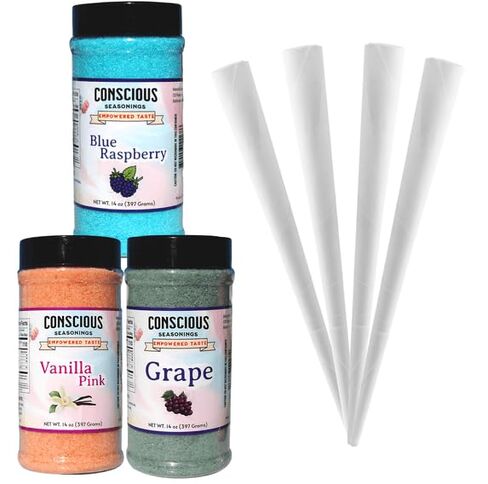 سكر بنكهة العنب والفانيليا الوردية والتوت الأزرق - 3 عبوات سعة 14 أونصة - 50 مخروط حلوى قطن - سكر حلوى قطن جاهز للاستخدام للحلويات الرقيقة والحلوة - مثالي للمنزل والمناسبات in Kuwait