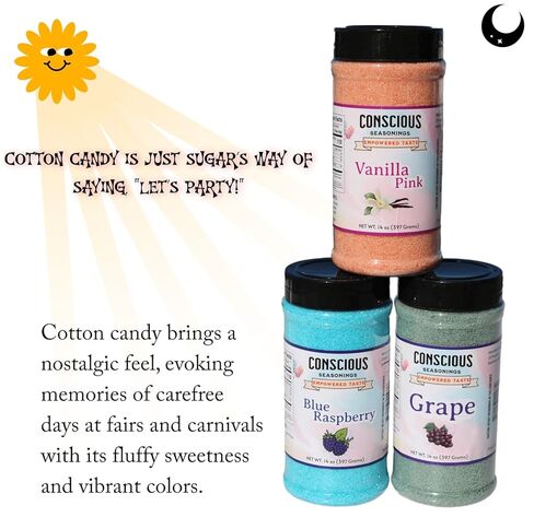 سكر بنكهة العنب والفانيليا الوردية والتوت الأزرق - 3 عبوات سعة 14 أونصة - 50 مخروط حلوى قطن - سكر حلوى قطن جاهز للاستخدام للحلويات الرقيقة والحلوة - مثالي للمنزل والمناسبات in Kuwait