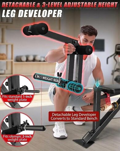 OPPSDECOR 1200LBS Workout Bench with Leg Extension/Leg Curl, Adjustable Weight Bench for Home Gym, Heavy Duty Workout Bench for Full Body Workouts, Incline/Flat Bench Press Set for Strength Training in Kuwait