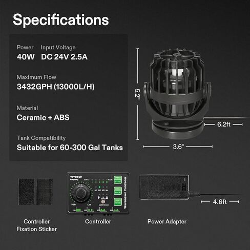 VIVOSUN Aquarium Wave Maker, 2113GPH Circulation Pump with Controller & Magnetic Suction Base, Adjustable Submersible Powerhead for 20-60 Gal Freshwater/Saltwater Fish Tank, 25W in Kuwait