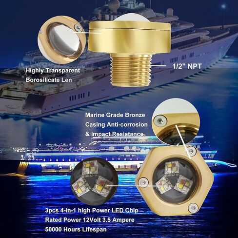 RGBW Standard 1/2" NPT Boat Drain Plug Lights with a 1.5m Extension Cord, IP68 Underwater LED Trailer Lights with APP& RF Control for Boat Pool Yacht Fishing, with The Smart Cooling Systen in Kuwait