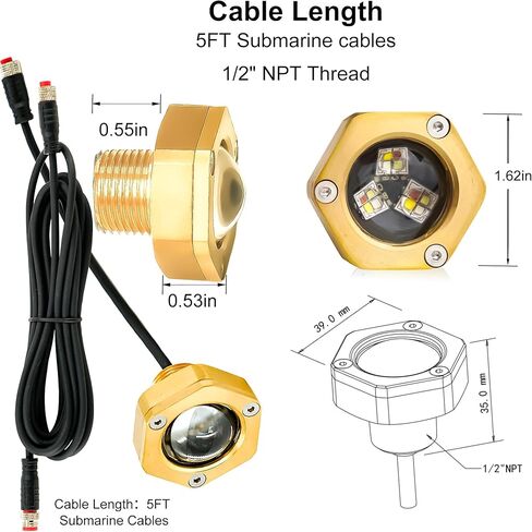 RGBW Standard 1/2" NPT Boat Drain Plug Lights with a 1.5m Extension Cord, IP68 Underwater LED Trailer Lights with APP& RF Control for Boat Pool Yacht Fishing, with The Smart Cooling Systen in Kuwait