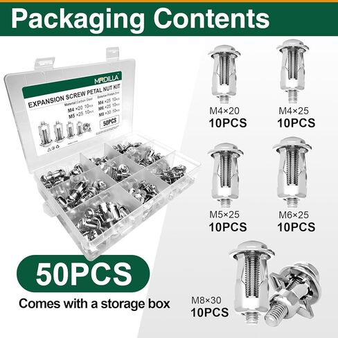 50Pcs Petal Expansion Bolt, Carbon Steel Jack Nuts for Drywall, Plasterboard, and Tile, M4/M5/M6/M8 in Kuwait