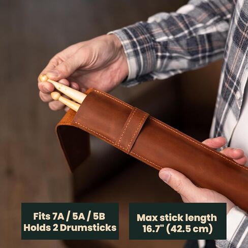 Full-Grain Leather Drumstick Case – Single-Pair Stick Holder with Flap Closure, Wrist Strap & Carabiner – Fits 7A/5A/5B (Max 16.7" Sticks) – Handmade Pouch for Drummers & Percussionists, Warm Brown in Saudi Arabia
