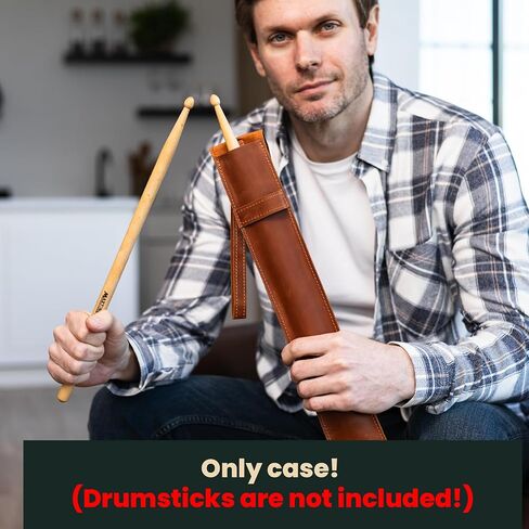 Full-Grain Leather Drumstick Case – Single-Pair Stick Holder with Flap Closure, Wrist Strap & Carabiner – Fits 7A/5A/5B (Max 16.7" Sticks) – Handmade Pouch for Drummers & Percussionists, Warm Brown in Saudi Arabia