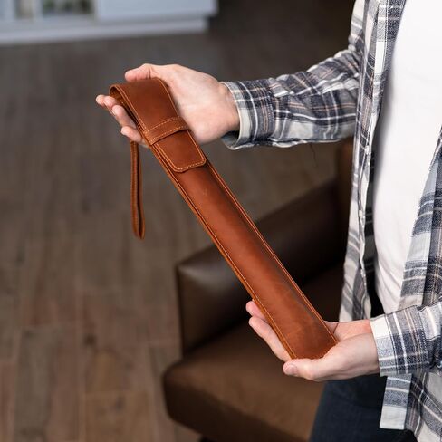 Full-Grain Leather Drumstick Case – Single-Pair Stick Holder with Flap Closure, Wrist Strap & Carabiner – Fits 7A/5A/5B (Max 16.7" Sticks) – Handmade Pouch for Drummers & Percussionists, Warm Brown in Saudi Arabia