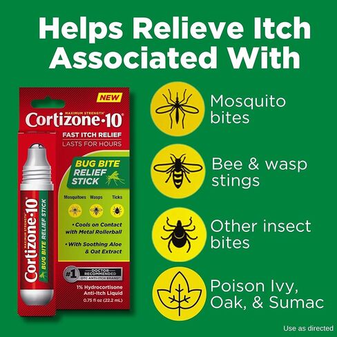كورتيزون-10 أقصى قوة لتخفيف الحكة، عصا تخفيف لدغات الحشرات 1% هيدروكورتيزون، سريع المفعول، سائل مضاد للحكة لدغات الحشرات، الطفح الجلدي، الأكزيما، الصدفية، اللبلاب السام، البلوط، السماق، 75 أونصة سائلة. أونصة، 4 قطع in Kuwait
