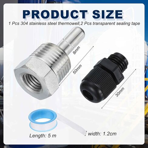 MECCANIXITY G1/2 Thermowell Weldless, 304 Stainless Steel 8mm Dia Temperature Sensor Thermowell with 50mm Cable Gland and Tape for Home Brewing Beer Fermenter, Black in Saudi Arabia