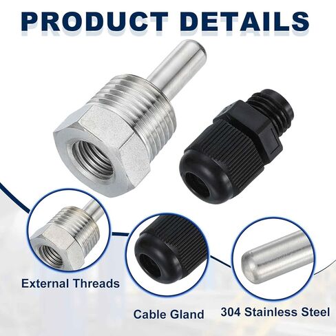 MECCANIXITY G1/2 Thermowell Weldless, 304 Stainless Steel 8mm Dia Temperature Sensor Thermowell with 50mm Cable Gland and Tape for Home Brewing Beer Fermenter, Black in Saudi Arabia