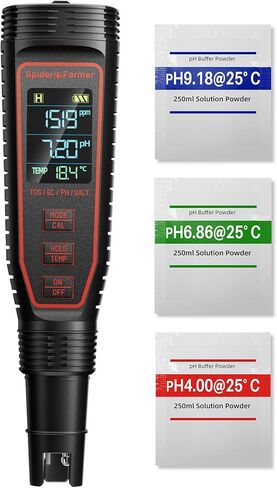 مجموعة أدوات قياس درجة الحموضة الرقمية 5 في 1 من Spider Farmer للمياه، جهاز اختبار ملوحة درجة الحرارة TDS EC مع ATC ​​قابل لإعادة الشحن للنباتات المائية وخزان الأسماك وحوض السمك (IP67 مقاوم للماء) in Kuwait