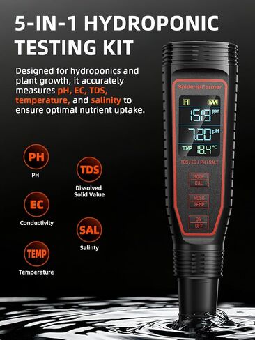 مجموعة أدوات قياس درجة الحموضة الرقمية 5 في 1 من Spider Farmer للمياه، جهاز اختبار ملوحة درجة الحرارة TDS EC مع ATC ​​قابل لإعادة الشحن للنباتات المائية وخزان الأسماك وحوض السمك (IP67 مقاوم للماء) in Kuwait