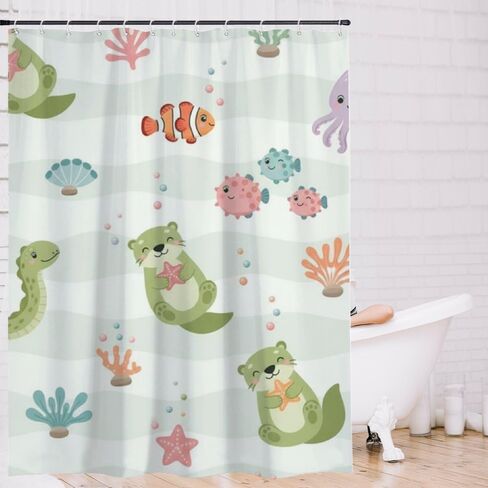 Cute Otters Pattern Bathroom Curtains, Summer Waterproof Cute Shower Curtain Hooks, Washable Fabric Holiday Farmhouse Shower Curtains for Bathroom Unique Decor 72X72 Inch in Saudi Arabia