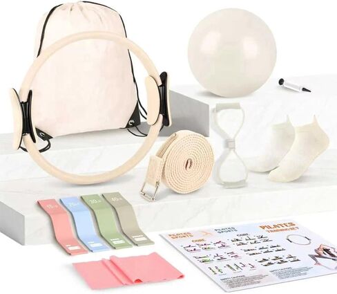 Tuhangcc Pilates Kit Women's Home Pilates Kit كرة يوجا من سلسلة بيضاء عاجية مقاس 15 بوصة حلقة بيلاتيس دليل التعليمات الشكل-8 شريط مقاومة وغيرها من الملحقات للمبتدئين للتدريبات المنزلية in Kuwait