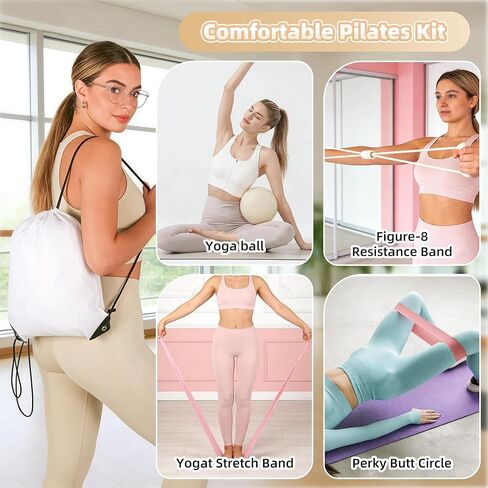 Tuhangcc Pilates Kit Women's Home Pilates Kit كرة يوجا من سلسلة بيضاء عاجية مقاس 15 بوصة حلقة بيلاتيس دليل التعليمات الشكل-8 شريط مقاومة وغيرها من الملحقات للمبتدئين للتدريبات المنزلية in Kuwait