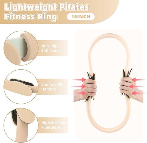 Tuhangcc Pilates Kit Women's Home Pilates Kit كرة يوجا من سلسلة بيضاء عاجية مقاس 15 بوصة حلقة بيلاتيس دليل التعليمات الشكل-8 شريط مقاومة وغيرها من الملحقات للمبتدئين للتدريبات المنزلية in Kuwait