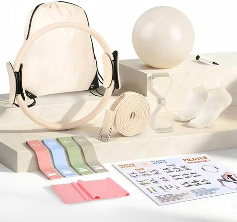 Tuhangcc Pilates Kit Women's Home Pilates Kit كرة يوجا من سلسلة بيضاء عاجية مقاس 15 بوصة حلقة بيلاتيس دليل التعليمات الشكل-8 شريط مقاومة وغيرها من الملحقات للمبتدئين للتدريبات المنزلية in Kuwait