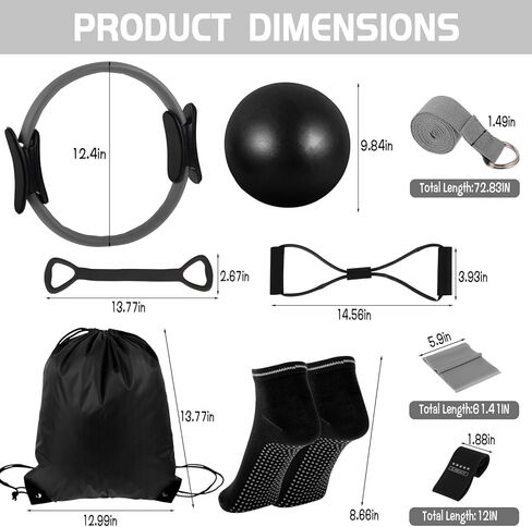 مجموعة حلقات بيلاتيس دائرية للنساء مكونة من 21 قطعة، تتضمن كرة اليوغا، حلقة تمدد، أربطة حزام، جوارب غير قابلة للانزلاق، حقائب خلفية للتمرين، تستخدم عادة لليوجا، البيلاتيس، التمدد، اللياقة البدنية (أسود، رمادي) in Kuwait