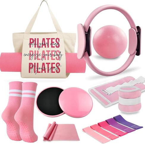 Pilates Kit for Women,Pilates Ring and Ball Set, Resistance Bands, Grip Socks & Yoga Mat Bag, Complete Pilates Essentials Starter Kit for Home Workouts, Pilates Equipment Gift Set for Beginners Pink in Saudi Arabia
