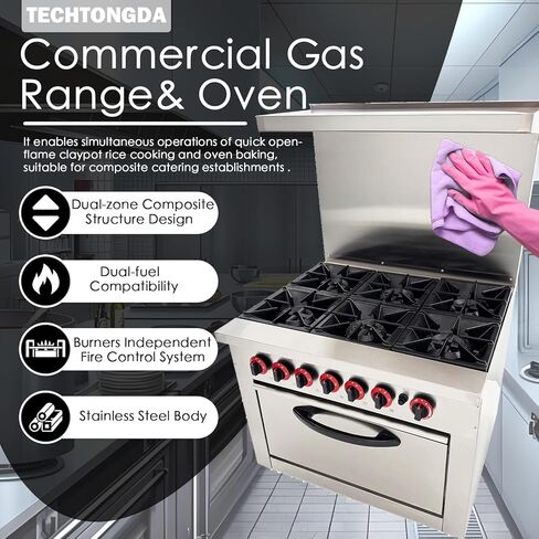 TECHTONGDA Commercial Gas Range& Oven Stainless Steel Gas Hot Plate Stove with 6 Burners & Oven Base for Tea Restaurant and Chain Fast Food Outlet in Saudi Arabia