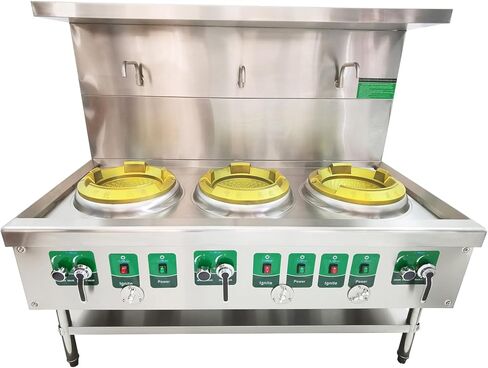 110V High Fire Stove, Three Commercial Gas Wok Stove 13" Stainless Steel Natural LPG Gas Cooker Commercial Kitchen Stove with Safe Baffle and Water Basin in Kuwait
