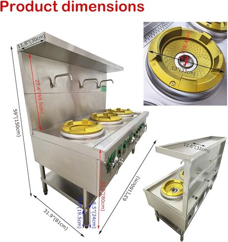 110V High Fire Stove, Three Commercial Gas Wok Stove 13" Stainless Steel Natural LPG Gas Cooker Commercial Kitchen Stove with Safe Baffle and Water Basin in Kuwait