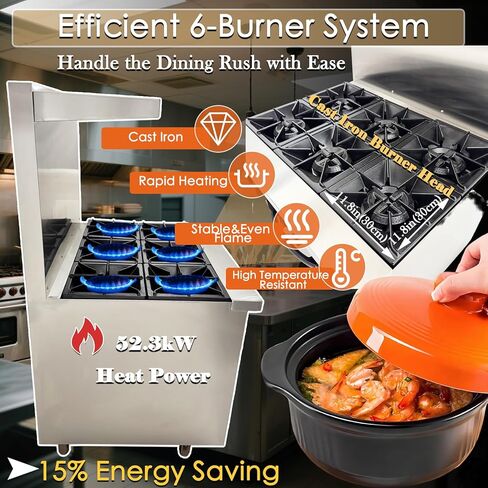 Commercial Gas Range 6 Burner with Standard Oven Heavy Duty Gas Hot Plate Stove Stainless Steel Restaurant Kitchen Equipment Claypot Cooking & Baking Oven, NG/LPG in Kuwait