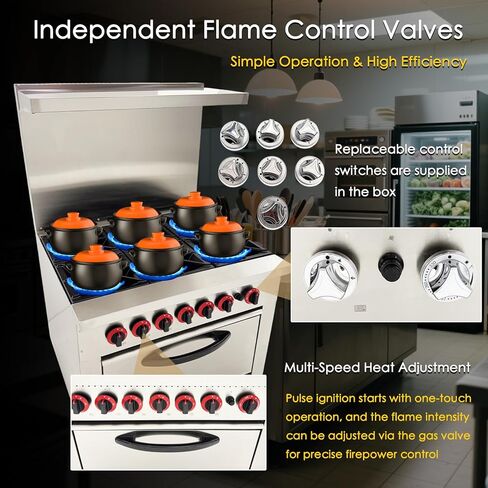 Commercial Gas Range 6 Burner with Standard Oven Heavy Duty Gas Hot Plate Stove Stainless Steel Restaurant Kitchen Equipment Claypot Cooking & Baking Oven, NG/LPG in Kuwait