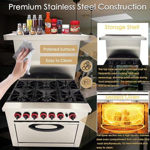 Commercial Gas Range 6 Burner with Standard Oven Heavy Duty Gas Hot Plate Stove Stainless Steel Restaurant Kitchen Equipment Claypot Cooking & Baking Oven, NG/LPG in Kuwait