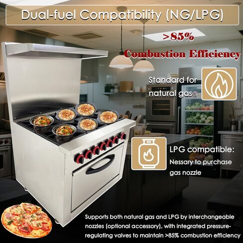 Commercial Gas Range 6 Burner with Standard Oven Heavy Duty Gas Hot Plate Stove Stainless Steel Restaurant Kitchen Equipment Claypot Cooking & Baking Oven, NG/LPG in Kuwait