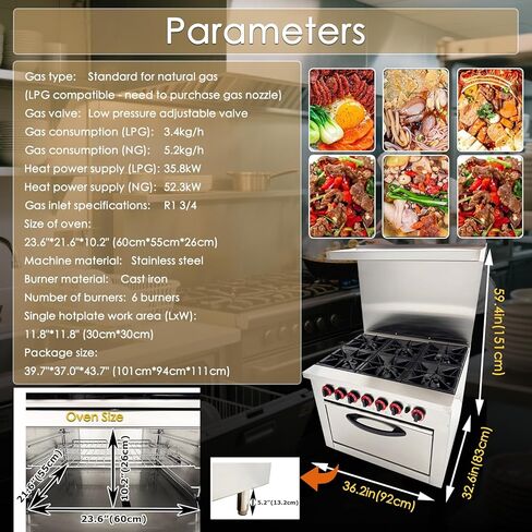 Commercial Gas Range 6 Burner with Standard Oven Heavy Duty Gas Hot Plate Stove Stainless Steel Restaurant Kitchen Equipment Claypot Cooking & Baking Oven, NG/LPG in Kuwait