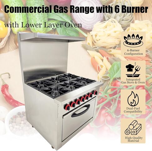 Commercial Gas Range with 6 Burner 6-Burner Commercial Kitchen Equipment Stove Natural Gas Hot Plate Cast Iron Stove with Lower Layer Oven in Kuwait