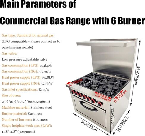 Commercial Gas Range with 6 Burner 6-Burner Commercial Kitchen Equipment Stove Natural Gas Hot Plate Cast Iron Stove with Lower Layer Oven in Kuwait