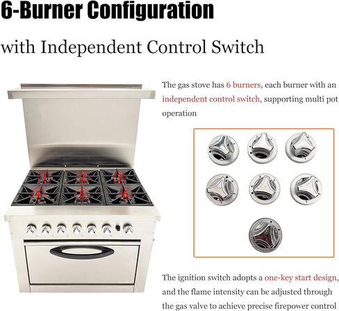 Commercial Gas Range with 6 Burner 6-Burner Commercial Kitchen Equipment Stove Natural Gas Hot Plate Cast Iron Stove with Lower Layer Oven in Kuwait
