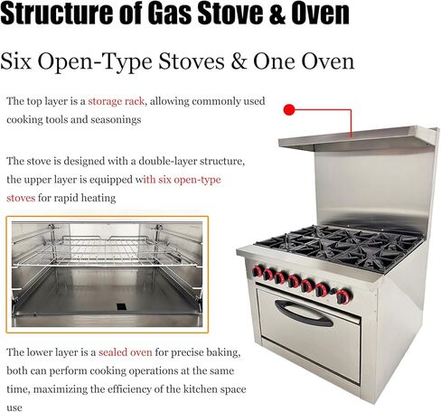 Commercial Gas Range with 6 Burner 6-Burner Commercial Kitchen Equipment Stove Natural Gas Hot Plate Cast Iron Stove with Lower Layer Oven in Kuwait