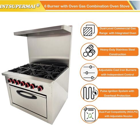 INTSUPERMAI ​Heavy-Duty Commercial Gas Range with 6 Split-Level Burners & NG/LPG Dual Fuel - Stainless Steel Clay Pot Stove for Tea Houses, Fast Food Kitchens, Restaurant W/Oven & Overheat Protection​ in Kuwait