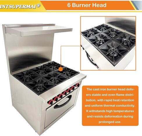 INTSUPERMAI ​Heavy-Duty Commercial Gas Range with 6 Split-Level Burners & NG/LPG Dual Fuel - Stainless Steel Clay Pot Stove for Tea Houses, Fast Food Kitchens, Restaurant W/Oven & Overheat Protection​ in Kuwait