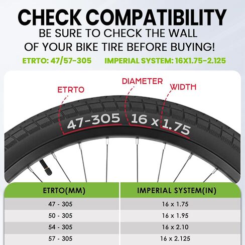 Thick Bike Inner Tube 16 x 1.75, 1.95, 2.10, 2.125 - Butyl Rubber Bicycle Tubes with 32mm Schrader Valve & 2 Tire Levers - Compatible with Kids Bikes, BMX, MTB (Set of 2) in Saudi Arabia