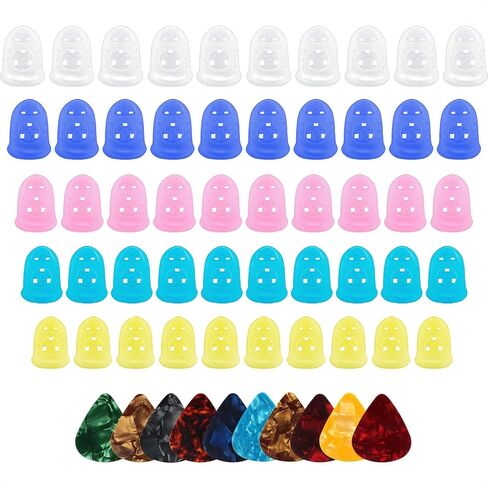 50 قطعة من واقي أصابع الجيتار من السيليكون، أغطية حماية لأطراف الأصابع في 5 أحجام للمبتدئين في العزف على الجيتار الكهربائي و10 قطع جيتار in Kuwait