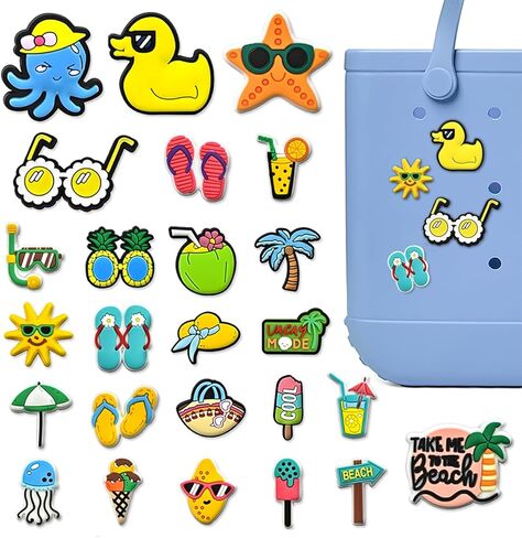 27pcs Hawaii Charms for Bogg Bag, Chic Beach Charms for Girls Women, Rubber Tote Bag Accessories, Tropical Charm Handbag Decoration, Aloha Wear, Flowers, Waves, Surfing, Diving Charm Combination in Saudi Arabia