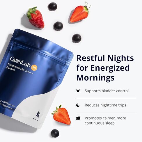 صمغات دعم المثانة الليلية QuietLab N1 - تساعد على تقليل رحلات الحمام الليلية للرجال والنساء - بذور اليقطين، د-مانوز، أشواغاندا للتحكم في النوم والمثانة - نكهة الفراولة (60 قطعة) in Kuwait