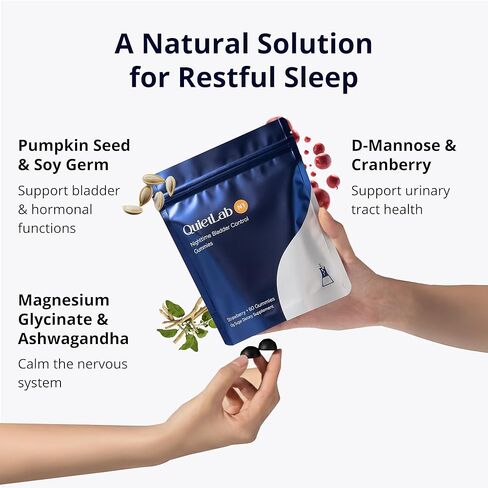 صمغات دعم المثانة الليلية QuietLab N1 - تساعد على تقليل رحلات الحمام الليلية للرجال والنساء - بذور اليقطين، د-مانوز، أشواغاندا للتحكم في النوم والمثانة - نكهة الفراولة (60 قطعة) in Kuwait
