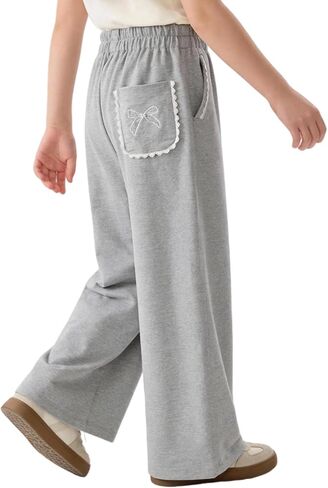 Girls Wide Leg Sweatpants with Bowknot Embroidery Baggy Straight Leg Pants Casual Cotton Pants for School Outdoor in Kuwait