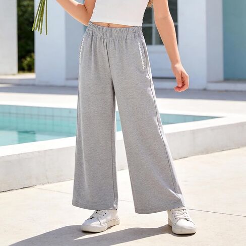 Girls Wide Leg Sweatpants with Bowknot Embroidery Baggy Straight Leg Pants Casual Cotton Pants for School Outdoor in Saudi Arabia