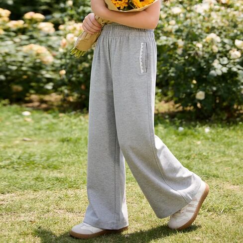 Girls Wide Leg Sweatpants with Bowknot Embroidery Baggy Straight Leg Pants Casual Cotton Pants for School Outdoor in Saudi Arabia