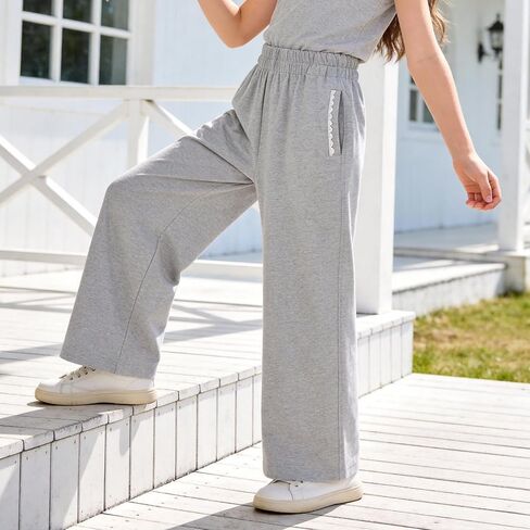 Girls Wide Leg Sweatpants with Bowknot Embroidery Baggy Straight Leg Pants Casual Cotton Pants for School Outdoor in Saudi Arabia